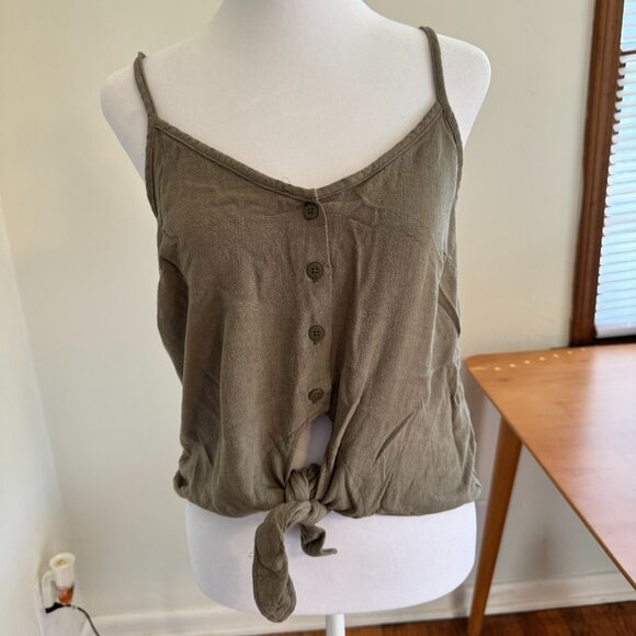 Topshop Army Green Linen Blend Cropped Tie Front Tank Top With Buttons Size US6 - Picture 1 of 6